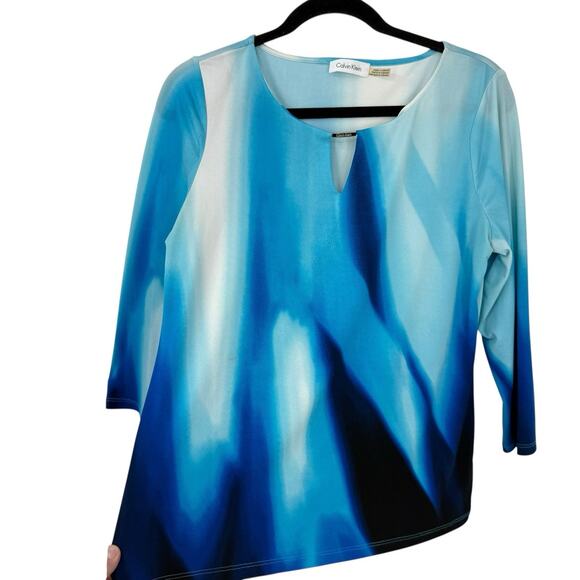 Calvin Klein Slinky knit top Women size Medium Watercolor Blue Long Sleeve - Picture 3 of 8